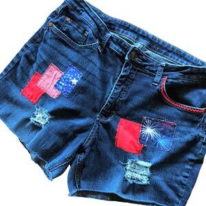 Upcycled Ripped Denim Cutoff Jean Shorts, Fireworks Patriotic Patchwork, Size 16
